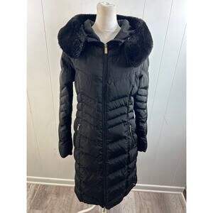 Karl Lagerfeld Paris Women's Down Puffer Jacket Sm Long Black Coat Hood Fur Zip